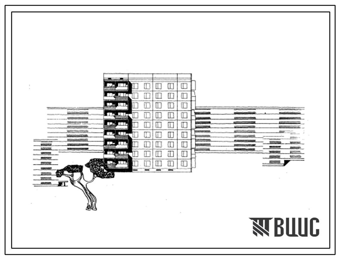 Типовой проект 96-017 Девятиэтажная блок-секция, торцевая правая на 36 квартир (однокомнатных-9, двухкомнатных-18, трехкомнатных-9). Для строительства во 2 и 3 строительно-климатических зонах Украинской ССР. Стены из керамзитобетонных панелей.