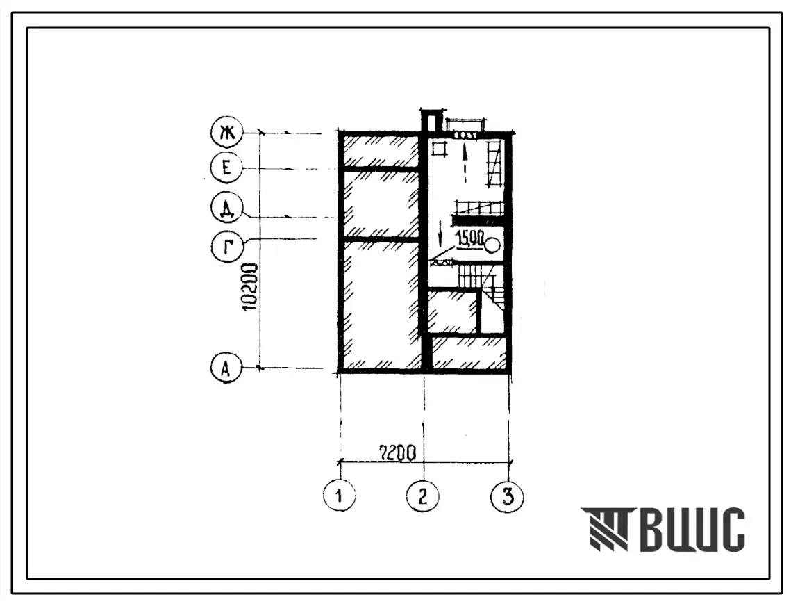 Типовой проект П-5-10(141-210-30(1.2)) Бытовые помещения в подвале жилого дома двухэтажного 1-квартирного с квартирой в двух уровнях 5б, (убежище на 10 человек, размеры убежища 10,2м на 7,2м, режимы вентиляции 1,2).