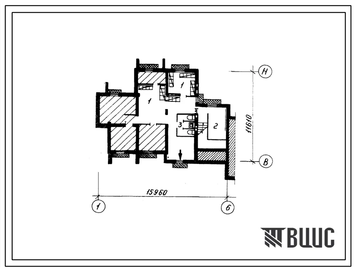 Типовой проект П-3-30(212-012) Хозяйственно-бытовые помещения, в подвале двухэтажной блок-секции на 4 квартиры 5Б-2Б (рядовая), (убежище на 30 человек, размеры убежища 15,96м на 11,61м, режимы вентиляции 1).61