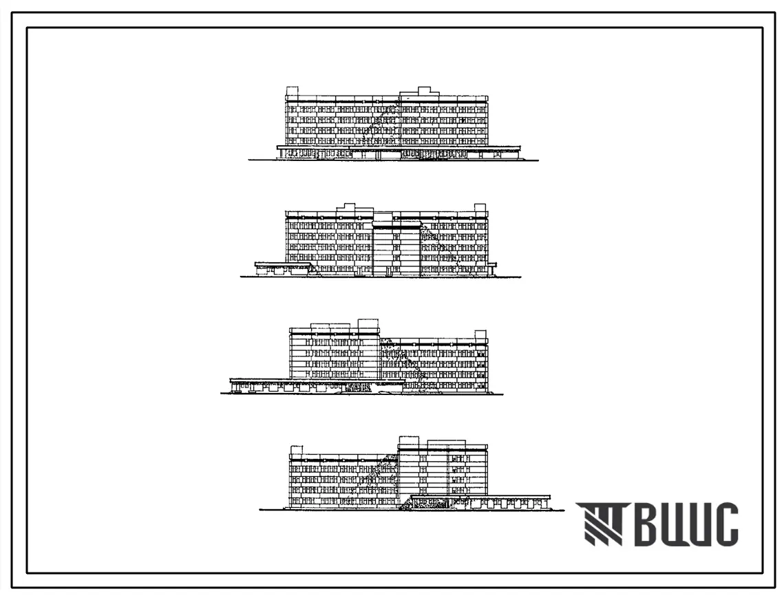 Типовой проект 252-3-41.84 Главный корпус наркологического диспансера на 100 посещений в смену со стационаром на 200 коек. Здание одно-, пяти-, шестиэтажное. Каркас сборный железобетонный серии 1.020.-1. Стены из легкобетонных панелей.