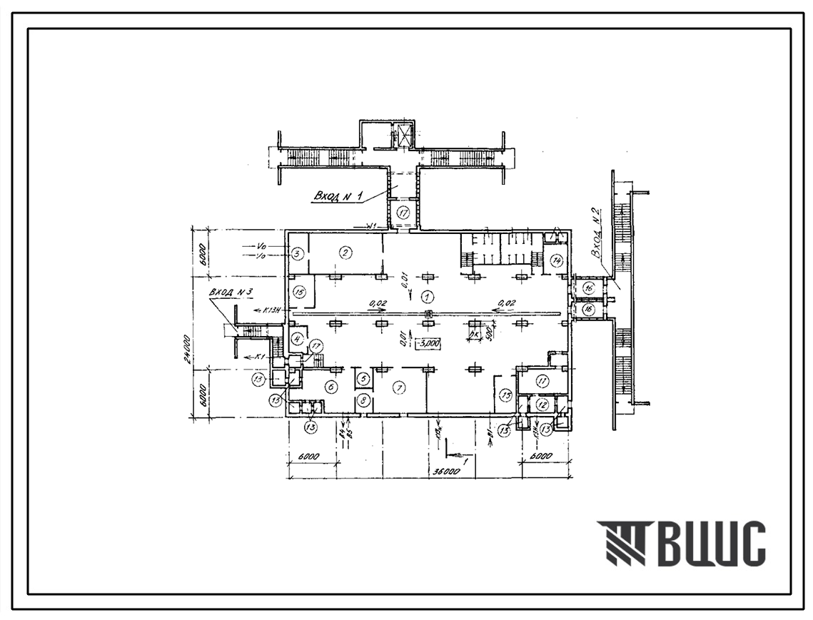 Типовой проект А-II,III,IV-1200-431.89 Склад материалов и оборудования отдельно стоящий заглубленный. Стены монолитные железобетонные (для водонасыщенных грунтов). Режимы вентиляции I, II и III. Площадь основных помещений 581,0 м2
