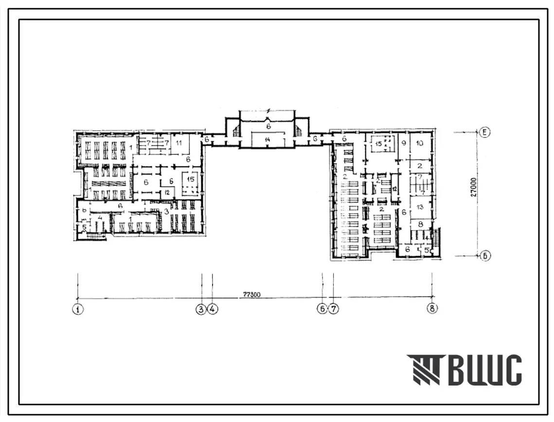 Типовой проект П-4-433(221-1-576.1С.13.87) Хозяйственно-бытовые помещения в подвале общеобразовательной школы на 22 класса, приспосабливаемое под ПРУ госпиталя на 300 коек, (убежище на 433 человек, размеры убежища 77,3м на 27м, режимы вентиляции 1,2).