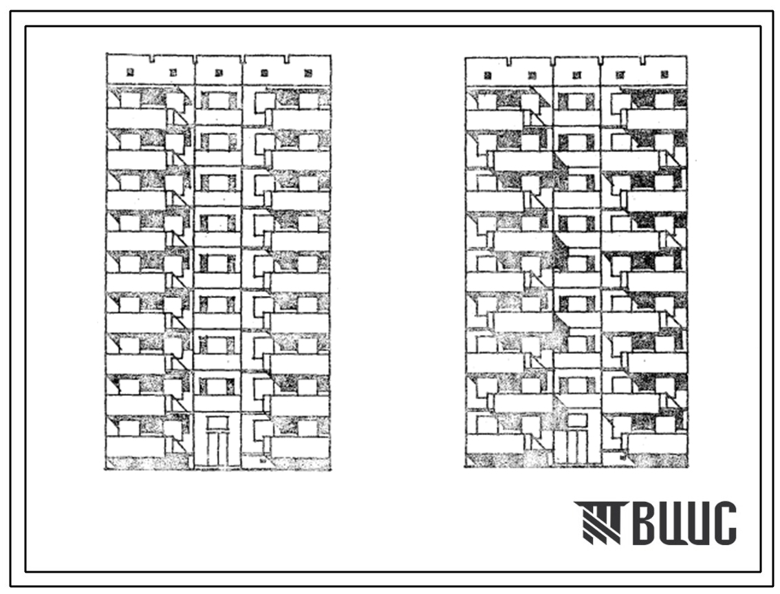 Типовой проект 173-09с.84 Блок-секция 9-этажная 18-квартирная рядовая 3Б-4Б с проходом по первому этажу. Для строительства в 4Б климатическом подрайоне Азербайджанской ССР сейсмичностью 7 баллов.