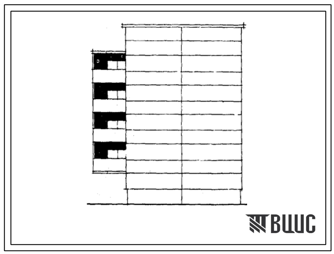 Типовой проект 104-045/1 Пятиэтажная блок-секция рядовая с левым торцевым окончанием на 14 квартир (однокомнатных 1Б-4, двухкомнатных 2Б-1, трехкомнатных 3А-4, 3Б-5). Для строительства во 2Б и 2В климатических подрайонах Латвийской ССР
