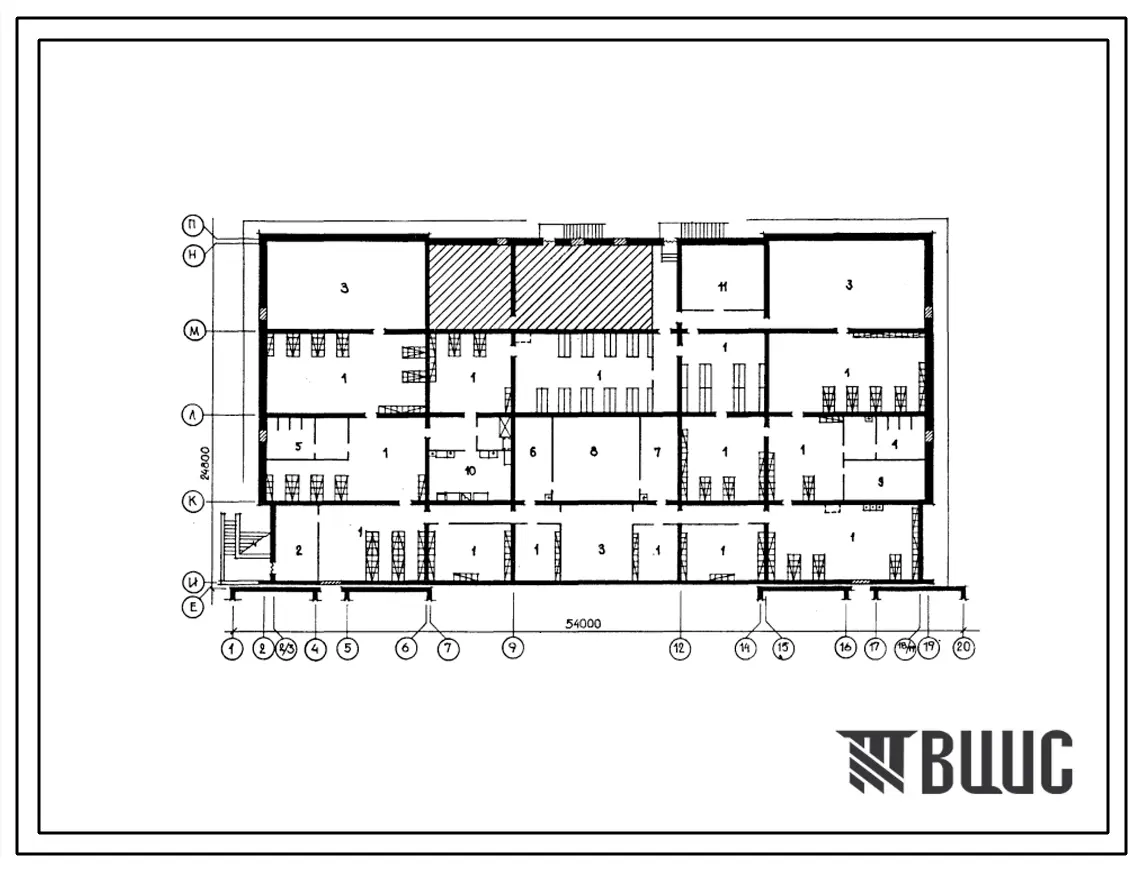 Типовой проект П-4-480(225-1-633с.13.88) Хозяйственно-бытовые помещения в подвале средней школы на 22 класса, из плотного известнякового камня, (убежище на 480 человек, размеры убежища 54м на 24,8м, режимы вентиляции 1,2).