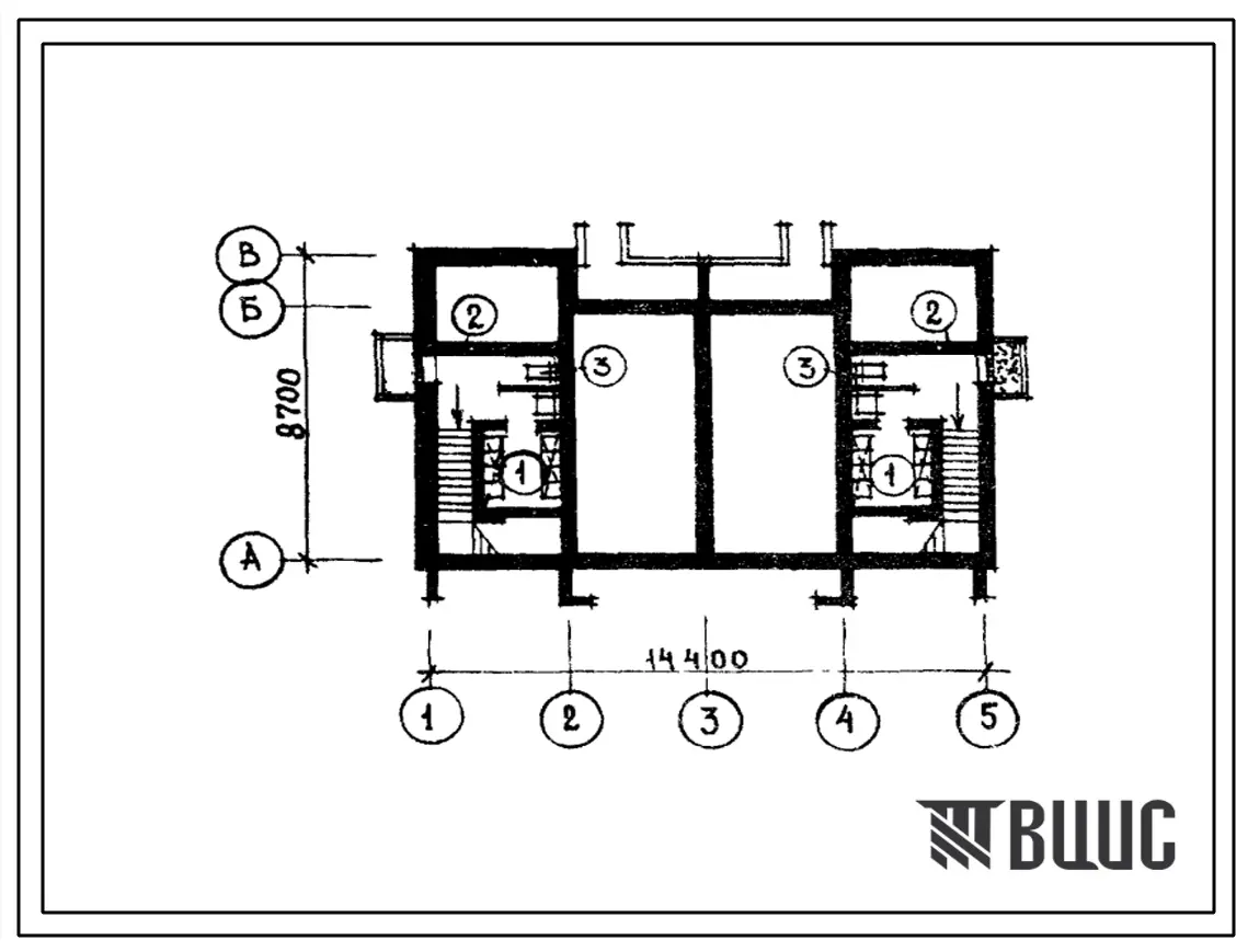 Типовой проект П-4-20-(141-88-31(1)) Помещения , приспосабливаемые од ПРУ в подвале жилого дома 2-этажного 2-квартирного с квартирами 4Б-4Б в двух уровнях, (убежище на 20 человек, размеры убежища 14,4м на 8,7м, режимы вентиляции 1,2).