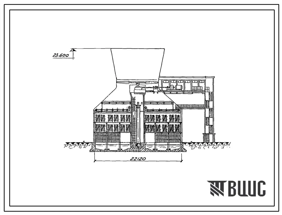 Типовой проект 4-18-869 Вентиляторные градирни с импортным оборудованием. Одновентиляторная градирня со стальным каркасом с площадью оросителя 400м2, оборудованная вентилятором фирмы «Нема» (ГДР) с верхним расположением привода.