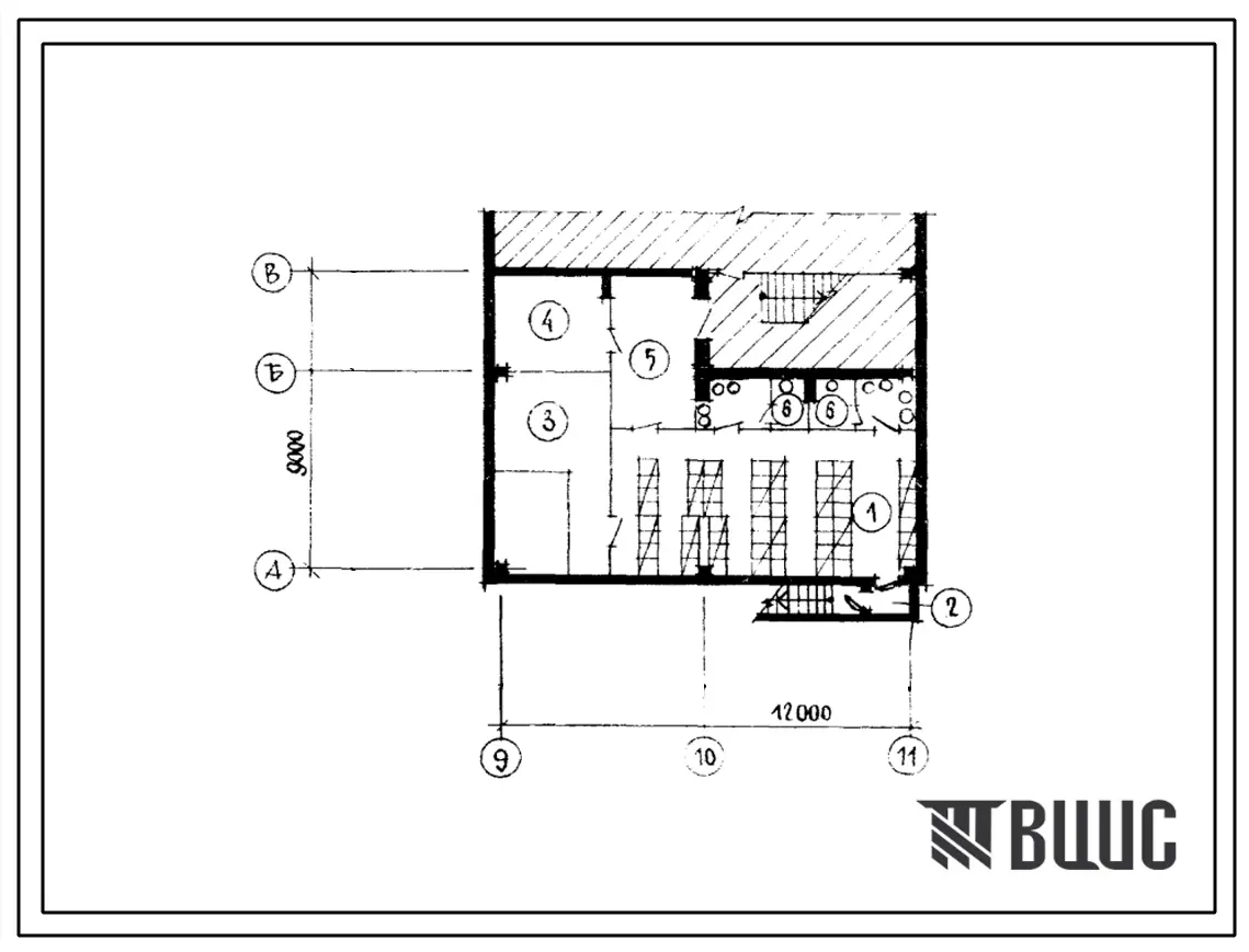 Типовой проект П-1-80(408-32-2.84) Общественные помещения в подвале фабрики химической чистки одежды (убежище на 80 человек, размеры убежища 12м на 9м, режимы вентиляции 1,2,3).
