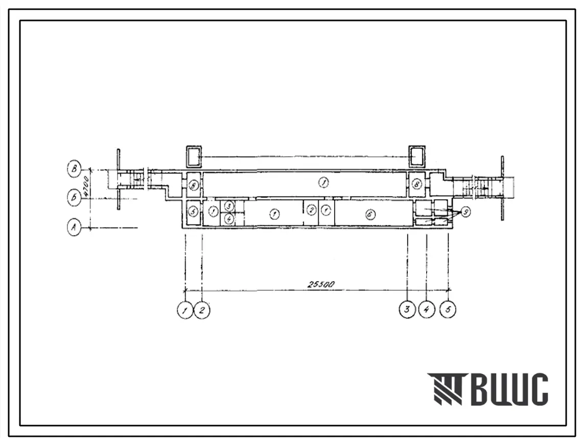 Типовой проект А-IV-100-482.90 Сооружение отдельно стоящее заглубленное. Стены монолитные железобетонные, (убежище на 100 человек, размеры убежища 25,5м на 4,7м, режимы вентиляции 1,2).