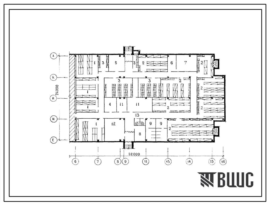 Типовой проект П-4-580(222-1-403с.86) Хозяйственно-бытовые помещения в подвале школы а 33 класса (1251-1296 учащихся) в конструкциях серии 1.020.1-2С, (убежище на 580 человек, размеры убежища 52м на 24м, режимы вентиляции 1,2).