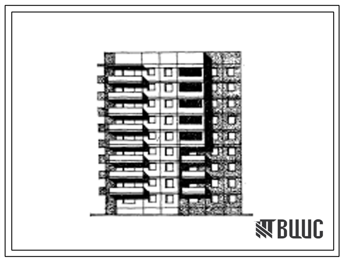 Типовой проект 97-08/1.2 Девятиэтажная блок-секция угловая левая на 36 квартир (двухкомнатных 2Б-19, трехкомнатных 3Б-8, четырехкомнатных 4Б-9). Для строительства в 1В климатическом подрайоне