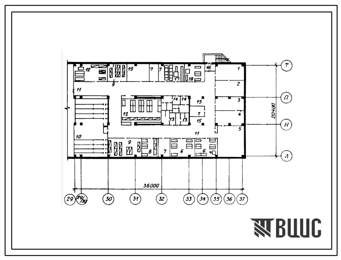 Типовой проект П-3-261(252-01-154.89) Хозяйственно-бытовые помещения в подвале главного корпуса участковой больницы на 150 коек с поликлиникой на 200 помещений в смену, (убежище на 261 человек, размеры убежища 36м на 20,4м, режимы вентиляции 1,2).