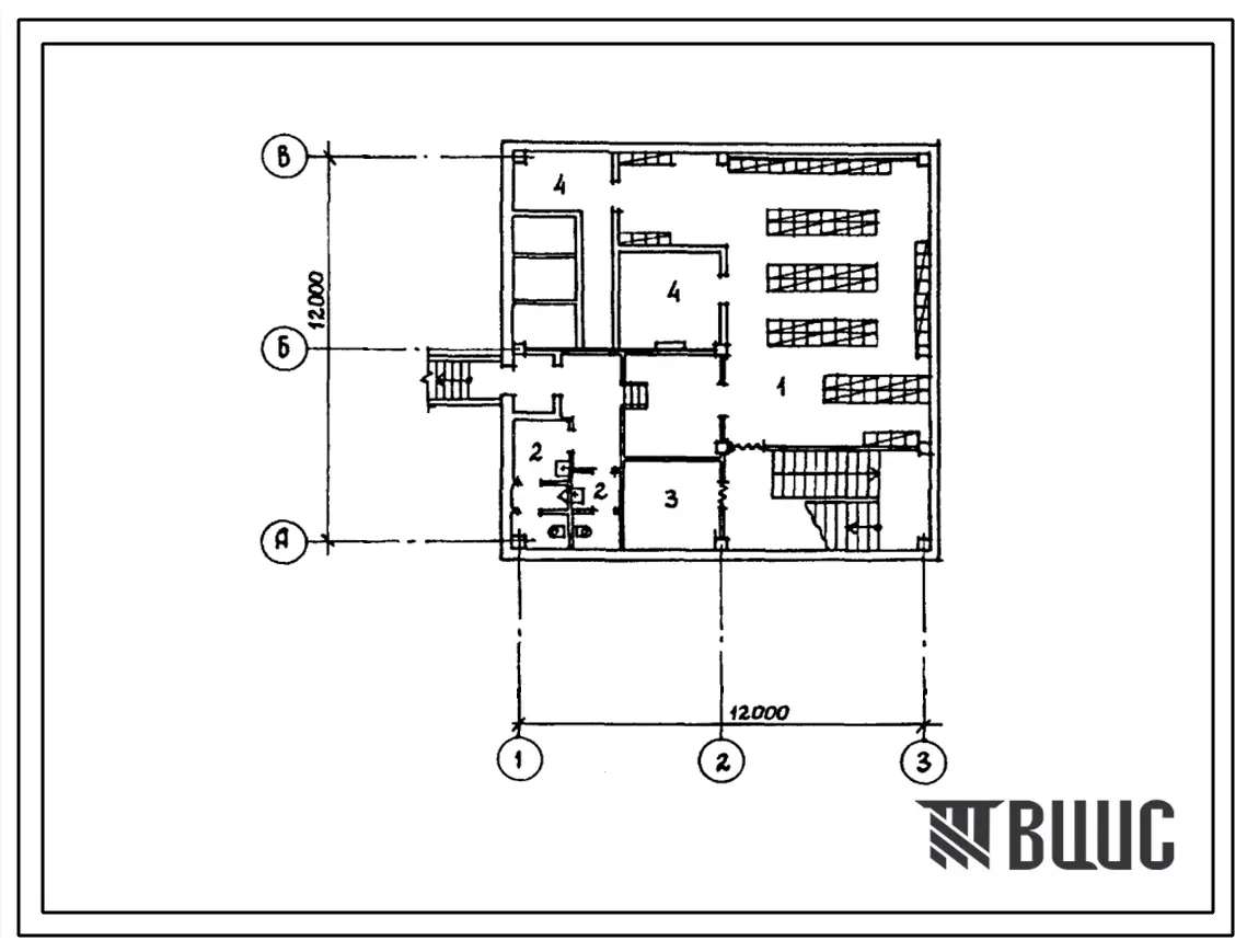 Типовой проект П-1-120(408-20-62.87) Учебно-методические помещения в подвале редакционно-бытового и производственного корпуса районной типографии, (убежище на 120 человек, размеры убежища 12м на 12м, режимы вентиляции 1,2).