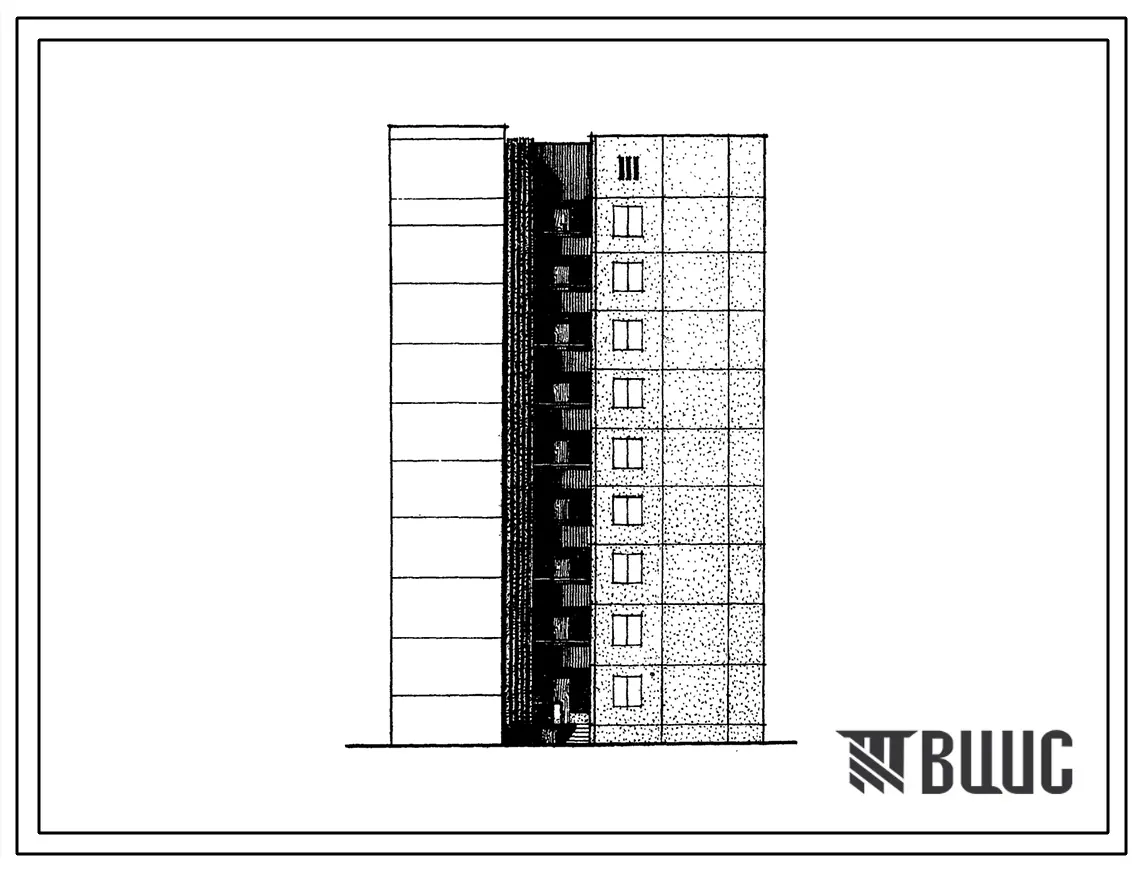 Типовой проект 1-464АС-0101с Полусекция девятиэтажная 27-квартирная торцовая с лестничной клеткой для блокировки в разных уровнях 2Б-3Б-1А (правая).