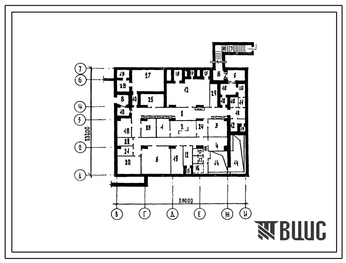 Типовой проект А-II(III,IV)-40(254-8-49.2.88) Вспомогательные помещения в подвале городской аптеки и группы (со стенами из кирпича), (убежище на 40 человек, размеры убежища 28м на 23,2м, режимы вентиляции 1,2).