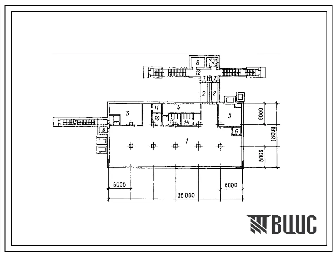 Типовой проект А-II-900-291.85 Склад материалов и оборудования. Стены из железобетонных панелей по серии У-01-02/80. Площадь основных помещений 463,0 м2(убежище на 900 человек, размеры убежища 36м на 18м, режимы вентиляции 1,2).