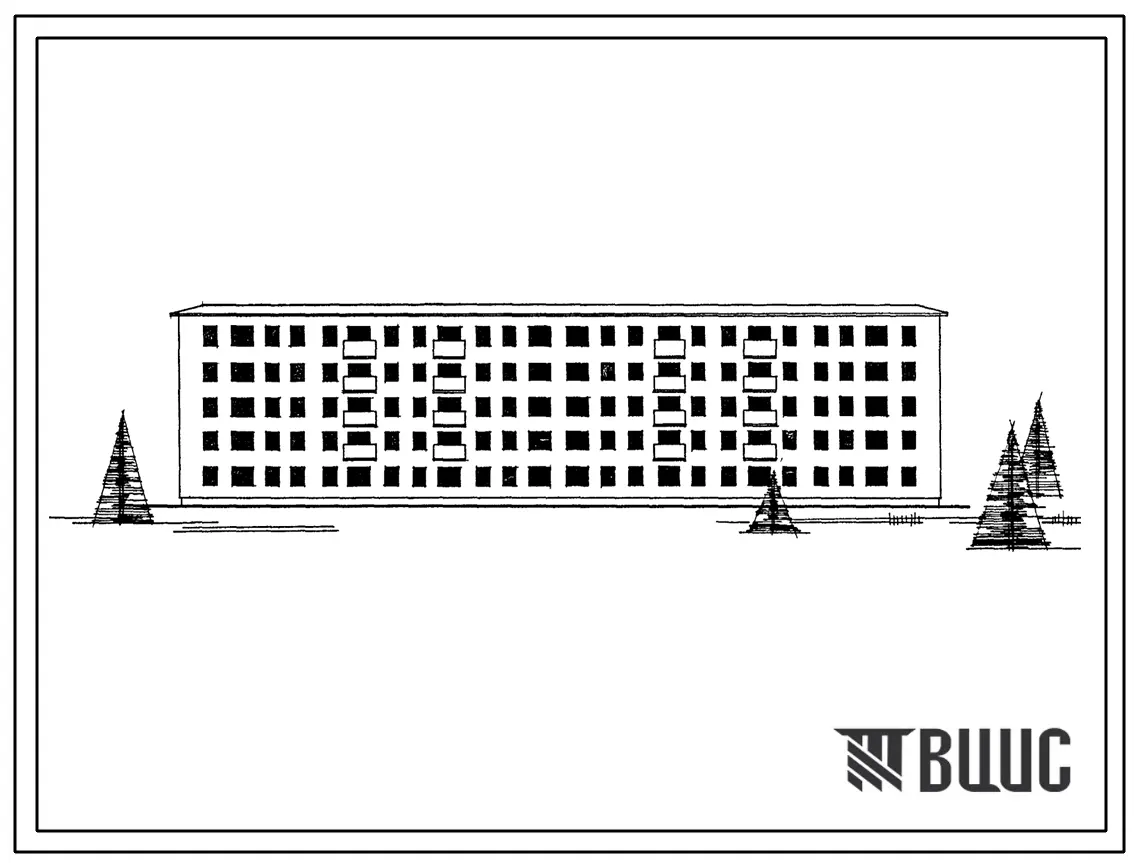 Типовой проект 1-447С-37 Пятиэтажный четырехсекционный дом на 70 квартир (однокомнатных 10, двухкомнатных 30, трехкомнатных 20, четырехкомнатных 10) со стенами из кирпича.