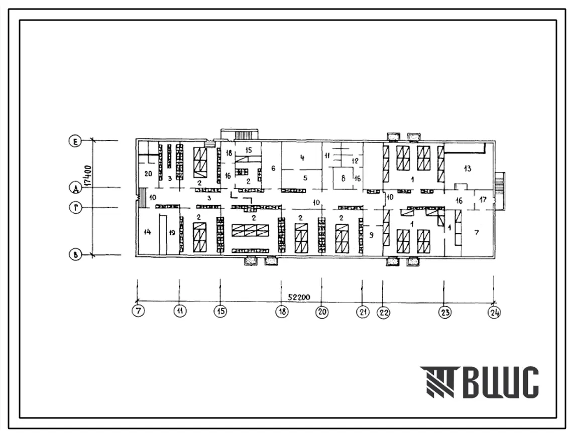 Типовой проект П-4-450(221-1-652с.13.89) Хозяйственно-бытовые помещения в подвале средней школы на 22 класса (844 учащихся) в конструкциях серии 1.090.1-5с, (убежище на 450 человек, размеры убежища 52,2м на 17,4м, режимы вентиляции 1,2).