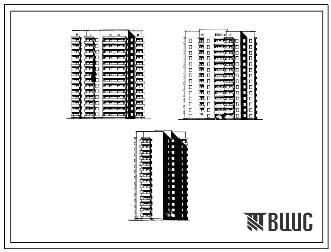 Типовой проект 124-87-107 14-этажный односекционный 84-квартирный(однокомнатных 1Б-14, двухкомнатных 2Б-57, трехкомнатных 3Б-13) жилой дом со стенами из кирпича. Для строительства во 2В, 3Б, 3В климатических подрайонах Украинской ССР