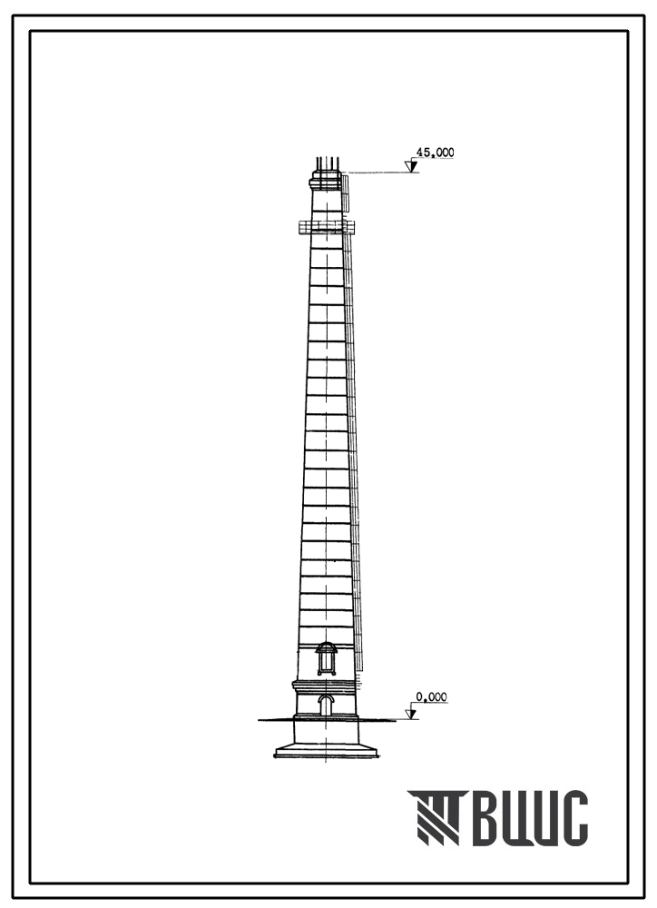 Типовой проект 907-2-202 Труба дымовая кирпичная Н=45 м, Д0=1,2 м с надземным примыканием газоходов для котельных установок. Для строительства в 1-4 климатических районов кроме подрайонов 1А и 1Б