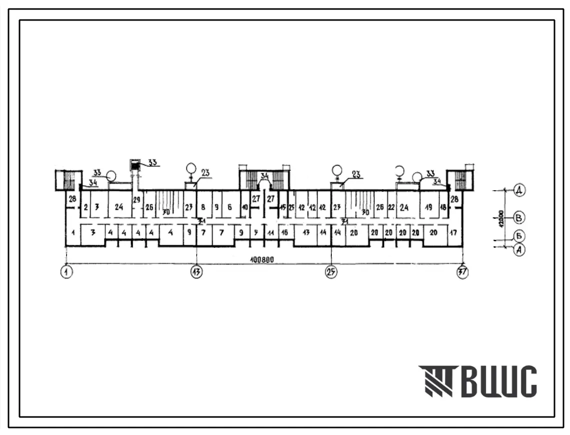 Типовой проект А-IV-1400-79/194 Помещения общественного назначения в подвале 5 этажного 6 скомпонованного из блок-секций 84-036/1, (убежище на 1400 человек, размеры убежища 100,8м на 12м, режимы вентиляции 1,2).