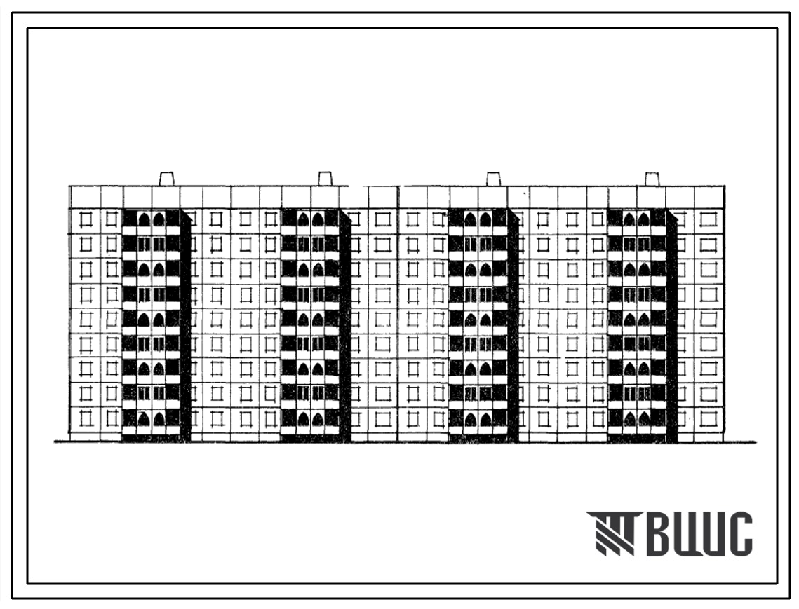 Типовой проект 111-105-95с.84 Дом 9-этажный 4-секционный 108-квартирный крупнопанельный. Для строительства в 3 климатическом районе Киргизской ССР сейсмичностью 8 баллов.
