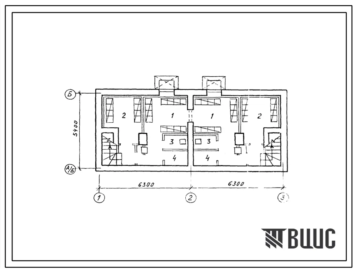 Типовой проект П-4-50(184-12-194.83) Хозяйственные помещения подвала одноэтажного жилого дома на две трехкомнатные квартиры типа 3Б, (убежище на 50 человек, размеры убежища 12,6м на 5,4м, режимы вентиляции 1).