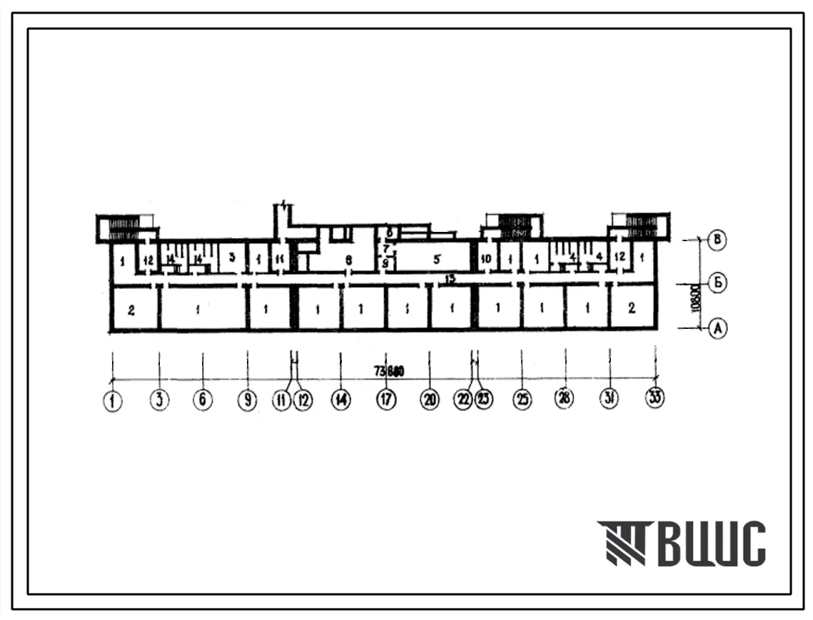 Типовой проект А-IV-832-197(1УЗ-500ТСП-2/1.2) Культурно-бытовые помещения в подвале 4-этажного 6-секционного жилого дома на 56 квартир, (убежище на 832 человек, размеры убежища 73,8м на 10,8м, режимы вентиляции 1,2).