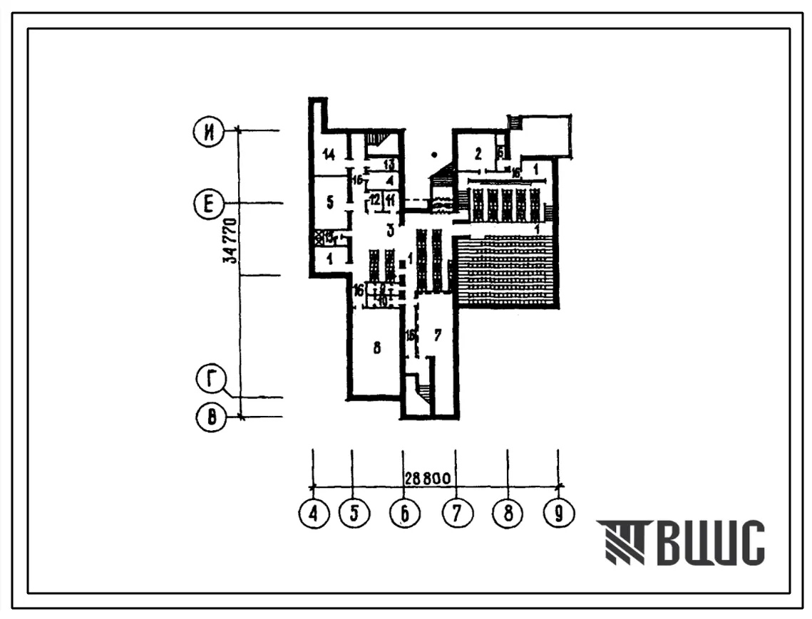 Типовой проект П-4-440(244-05-94.88) Хозяйственно-бытовые помещения цокольного этажа клуба-столовой для пионерских лагерей-баз отдыха 240-360 мест со стенами из кирпича, (убежище на 440 человек, размеры убежища 34,77 на 28,8м, режимы вентиляции 1,2).