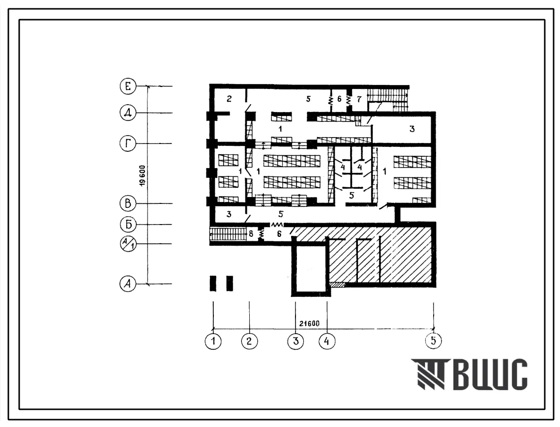 Типовой проект П-4-210(264-12-268.86) Хозяйственно-бытовые помещения в подвале клуба (стены кирпичные) на 200 посетителей (зал на 150 мест), (убежище на 210 человек, размеры убежища 21,6м на 19,6м, режимы вентиляции 1,2).