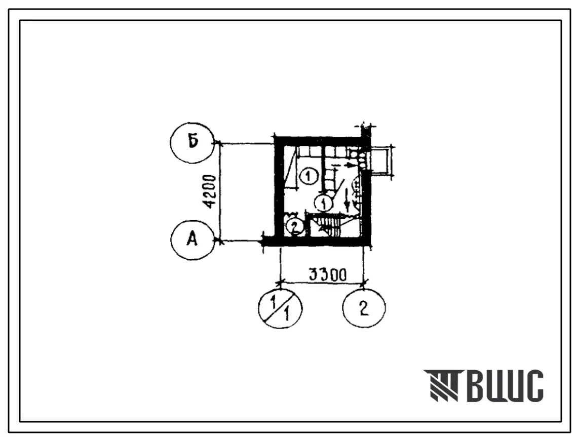 Типовой проект П-5-7(184-89-94.86) Бытовые помещения в подвале жилого дома 1-этажного 1-квартирного с 2-комнатной квартирой, (убежище на 7 человек, размеры убежища 4,2м на 3,3м, режимы вентиляции 1).