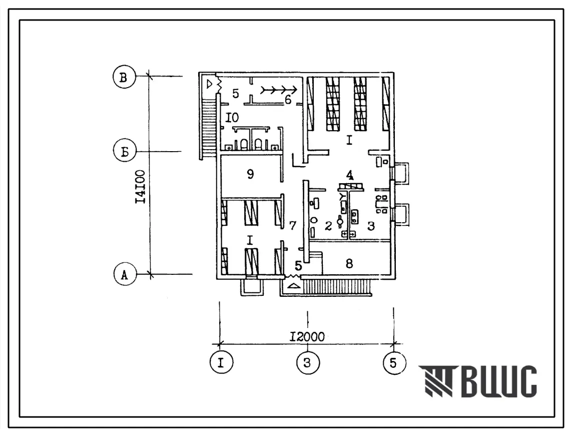 Типовой проект П-4-75(214-1-382сп.13.86) Хозяйственно-бытовые помещения в подвале детских яслей-сада на 50 мест, (убежище на 75 человек, размеры убежища 14,1м на 12м, режимы вентиляции 1,2).