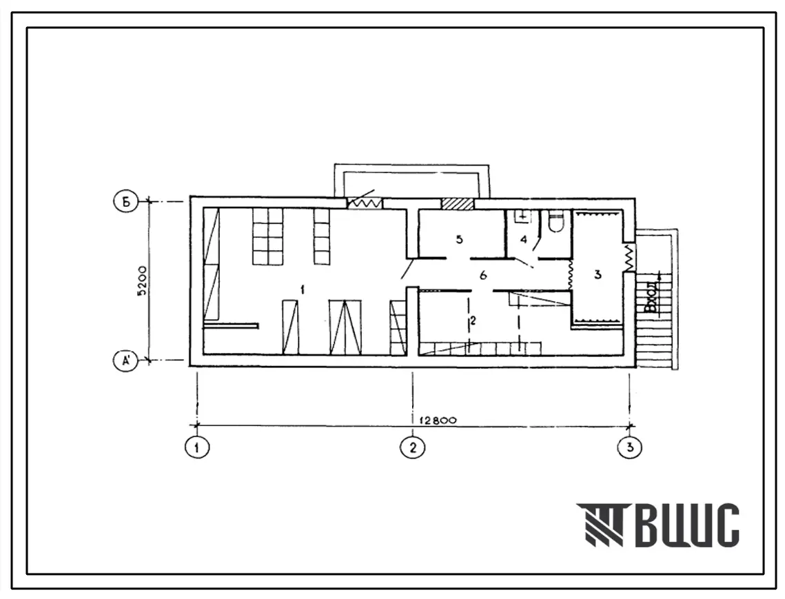 Типовой проект П-4-32(63-063с.13.87) Хозяйственные помещения документации защитных сооружений гражданской обороны, (убежище на 32 человек, размеры убежища 12,8м на 5,2м, режимы вентиляции 1).