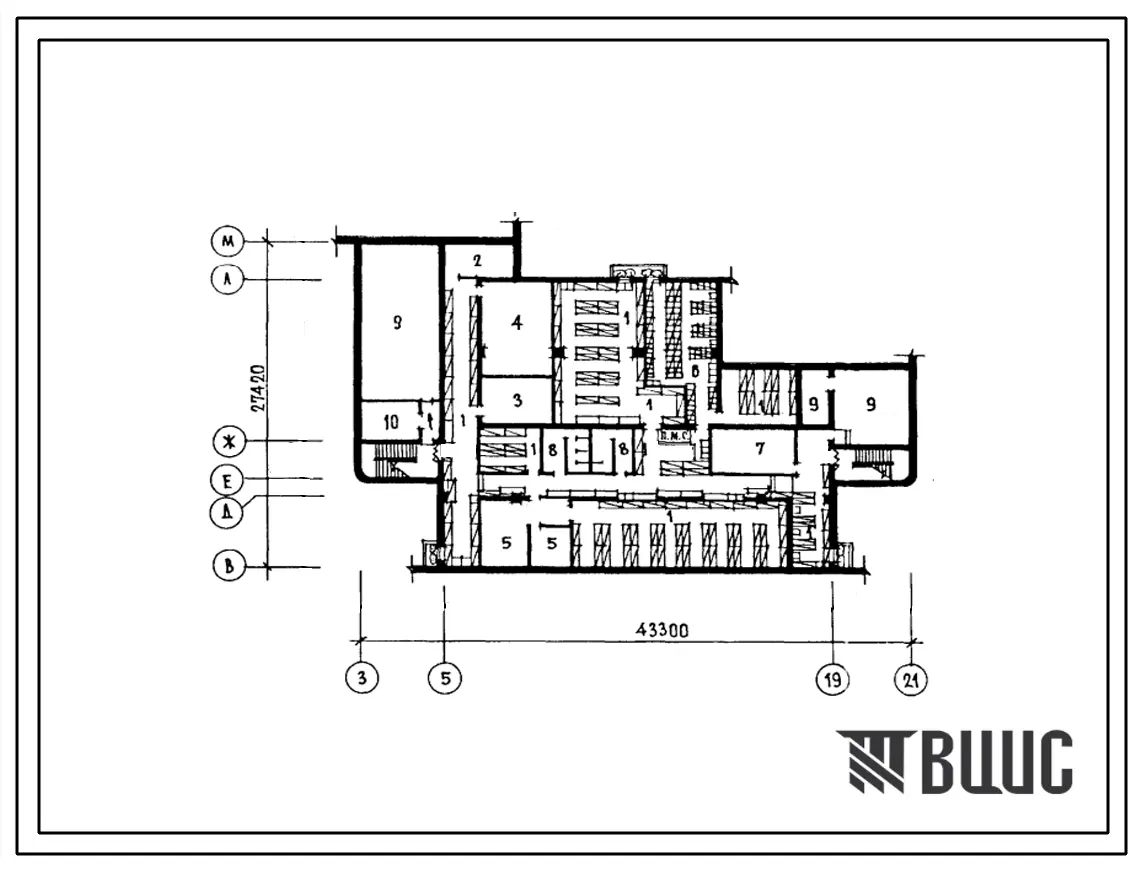 Типовой проект П-4-410(224-1-442.85) Хозяйственно-бытовые помещения в подвале средней школы на 22 классов (834-864 учащихся), (убежище на 410 человек, размеры убежища 43,3м на 27,4м, режимы вентиляции 1,2).