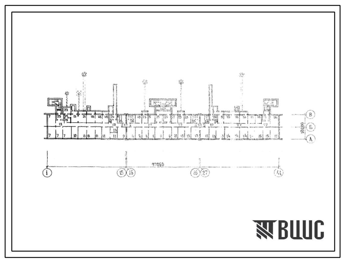 Типовой проект А-IV-1000-78/186 Помещения общественного назначения в подвале жилого дома, скомпонованного из блок секций 92-03с,92-04с и 92-07с, (убежище на 1000 человек, размеры убежища 97,05м на 10,2м, режимы вентиляции 1,2).