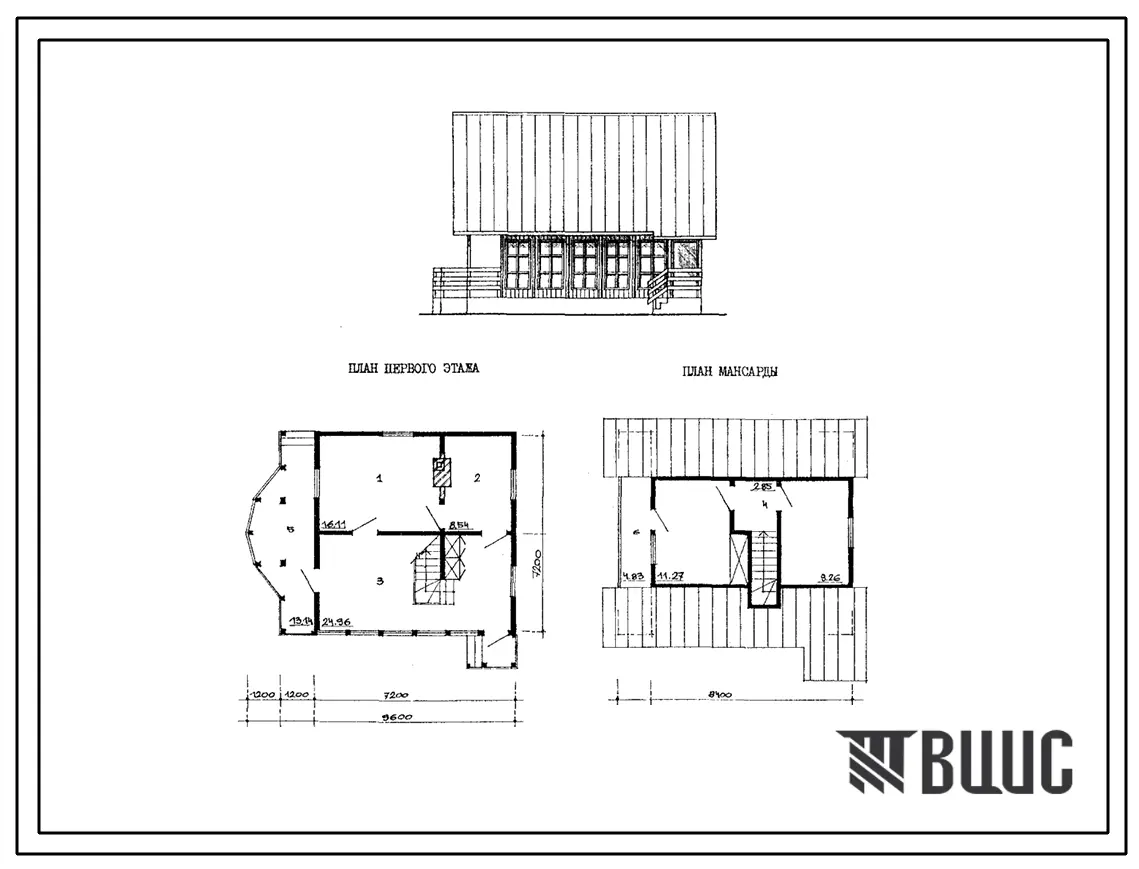 Типовой проект 181-115-219.91 Мансардный трехкомнатный садовый домик. Площадь, м2: общая 24,6, мансарды 23,4, веранды 25,0, террасы 13,1
