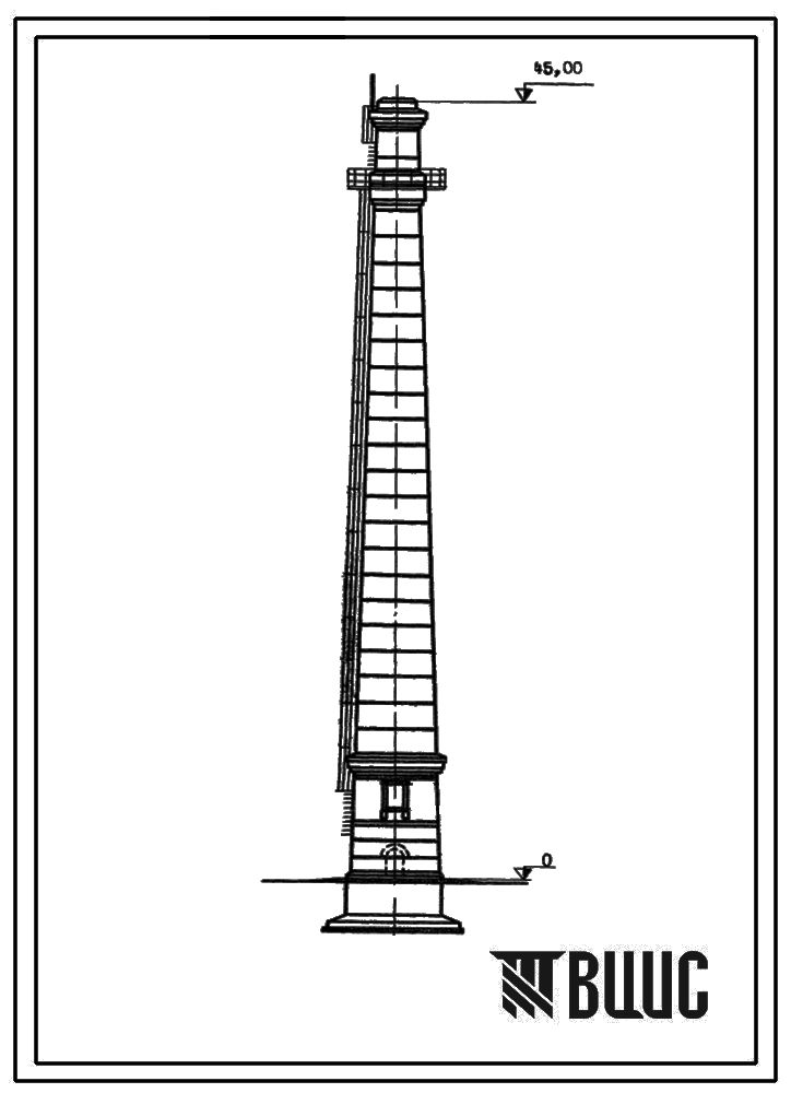 Типовой проект 907-2-103 Труба дымовая кирпичная для котельная установка Н=45,0м, Д0=1,2 м. Для строительства в 1-2 районах ветровой нагрузки с надземным примыканием газоходов