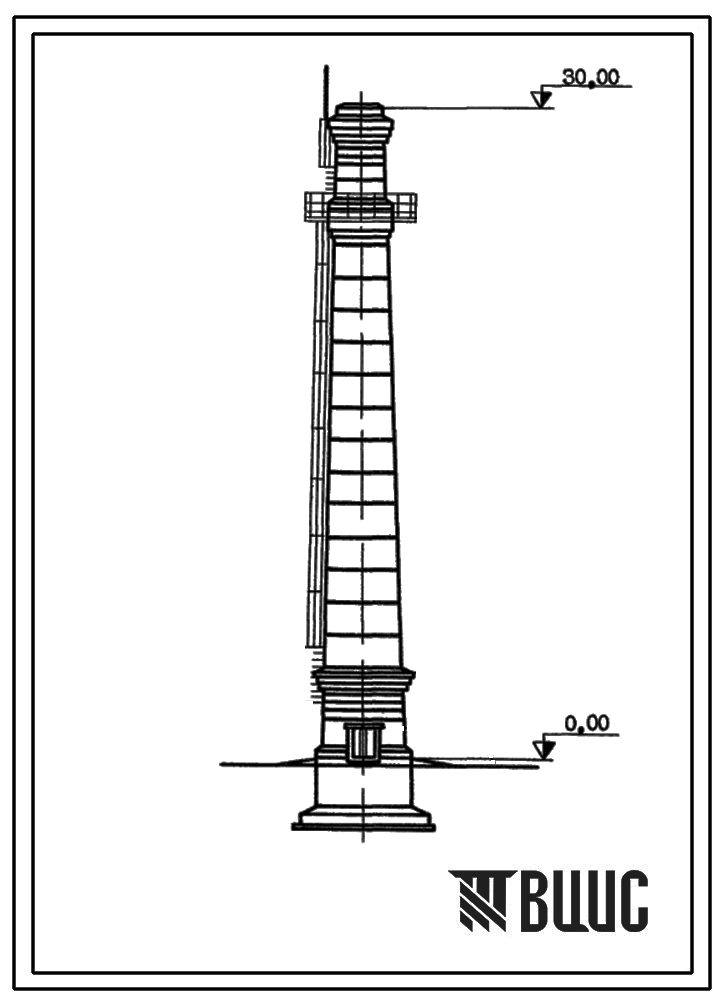 Типовой проект 907-2-96 Труба дымовая кирпичная для котельная установка Н=30,0 м, Д0=1,2 м. Для строительства в 1-3 районах ветровой нагрузки с наземным примыканием газоходов
