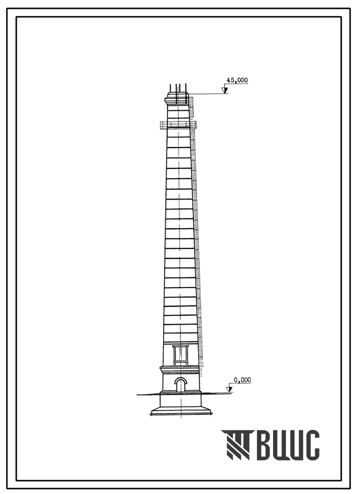 Типовой проект 907-2-208 Труба дымовая кирпичная Н=45 м, Д0=2,1 м с наземным примыканием газоходов для котельных установок. Для строительства в 1-4 климатических районов кроме подрайонов 1А и 1Б