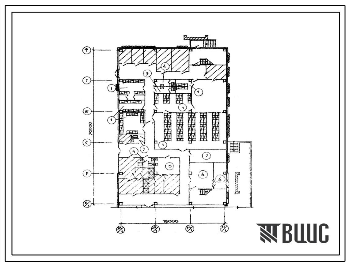 Типовой проект П-2-255(701-1-38с.85) Вспомогательно-бытовые помещения 1 этажа склада для хранения продовольственных товаров, (убежище на 255 человек, размеры убежища 30м на 18м, режимы вентиляции 1,2).