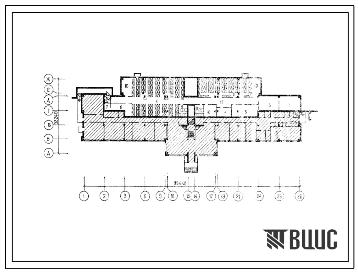 Типовой проект П-4-1394(222-1-478с.86) Хозяйственно-бытовые помещения в подвале школы на 33 класса в конструкциях серии 1.020.1-2с для сложного рельефа, (убежище на 1394 человек, размеры убежища 95,44м на 32,24м, режимы вентиляции 1,2).