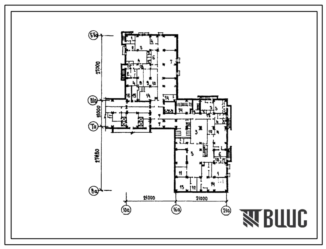 Типовой проект П-1-996(252-1-113) Хозяйственно-бытовые помещения в подвале блока А главного корпуса районной больницы га 400 коек с поликлиникой на 600 посещений в смену, (убежище на 996 человек, размеры убежища 66,18м на 42м, режимы вентиляции 1,2,3).
