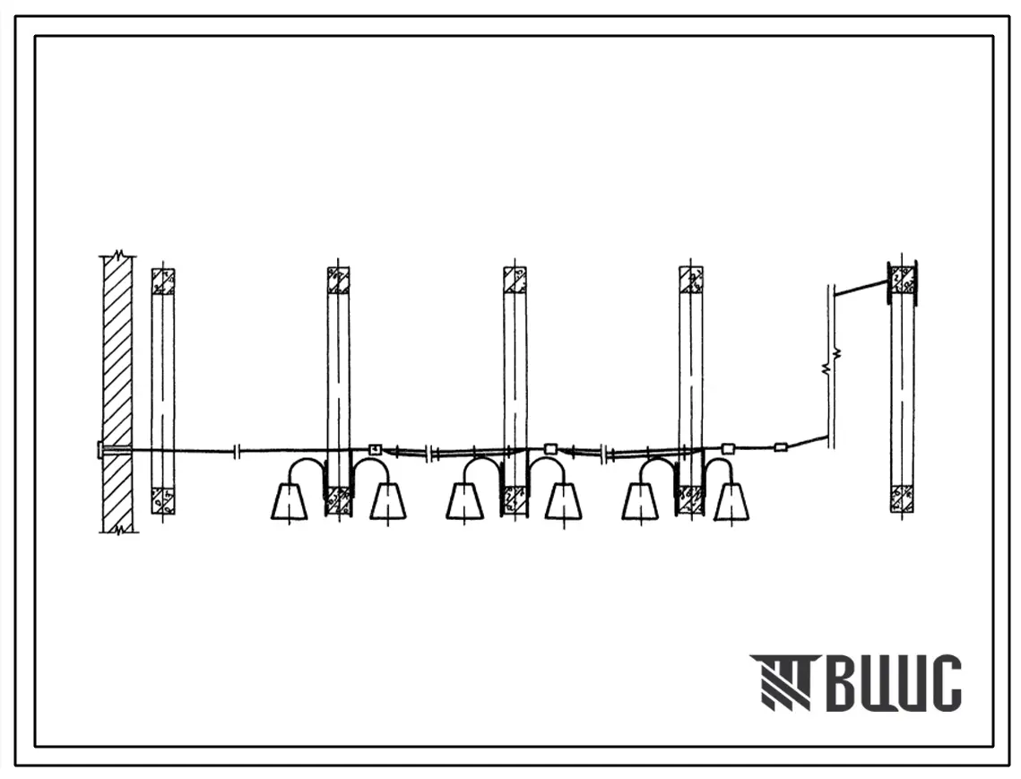 Серия 5.407-5 Проводки на тросах и установка светильников с лампами накаливания и ДРЛ поперек железобетонных ферм. Рабочие чертежи.