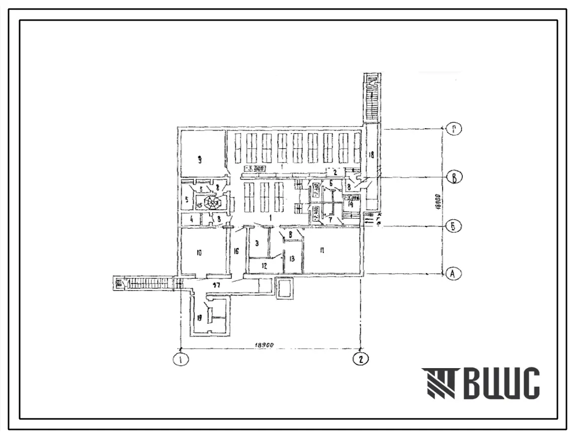 Типовой проект А-IV-300-492.91 Склад материалов и оборудования отдельно стоящий заглубленный. Стены монолитные железобетонные (убежище на 300 человек, размеры убежища 18,9м на 18м, режимы вентиляции 1,2,3).
