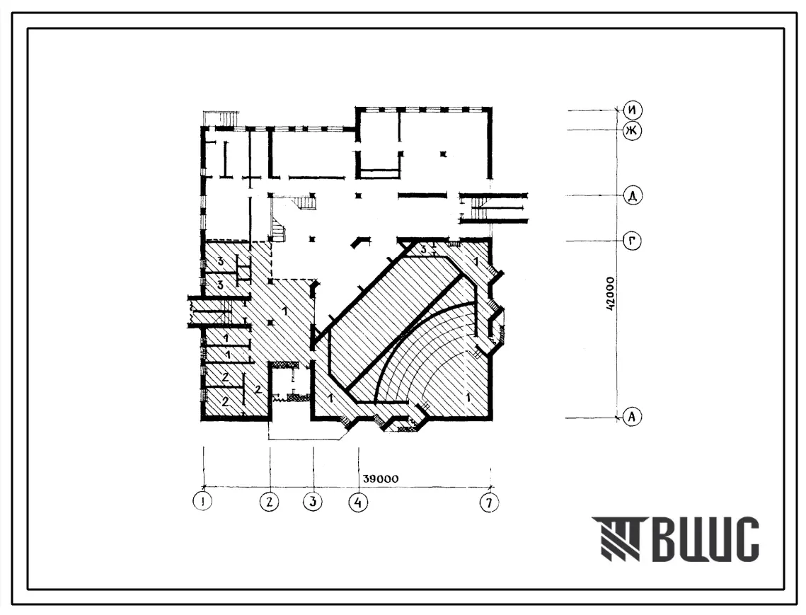 Типовой проект Б-1-760(264-19-23) Двойное использование помещений первого этажа городского дома политического просвещения (стены кирпичные), (убежище на 760 человек, размеры убежища 42м на 39м, режимы вентиляции 1,2).