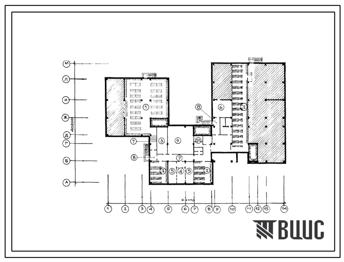 Типовой проект П-4-636(222-1-467.86) Хозяйственно-бытовые помещения в подвале школы на 13 классов (489-504 учащихся) в конструкциях серии 1.020-1(83), (убежище на 636 человек, размеры убежища 61,11м на 40,2м, режимы вентиляции 1,2).