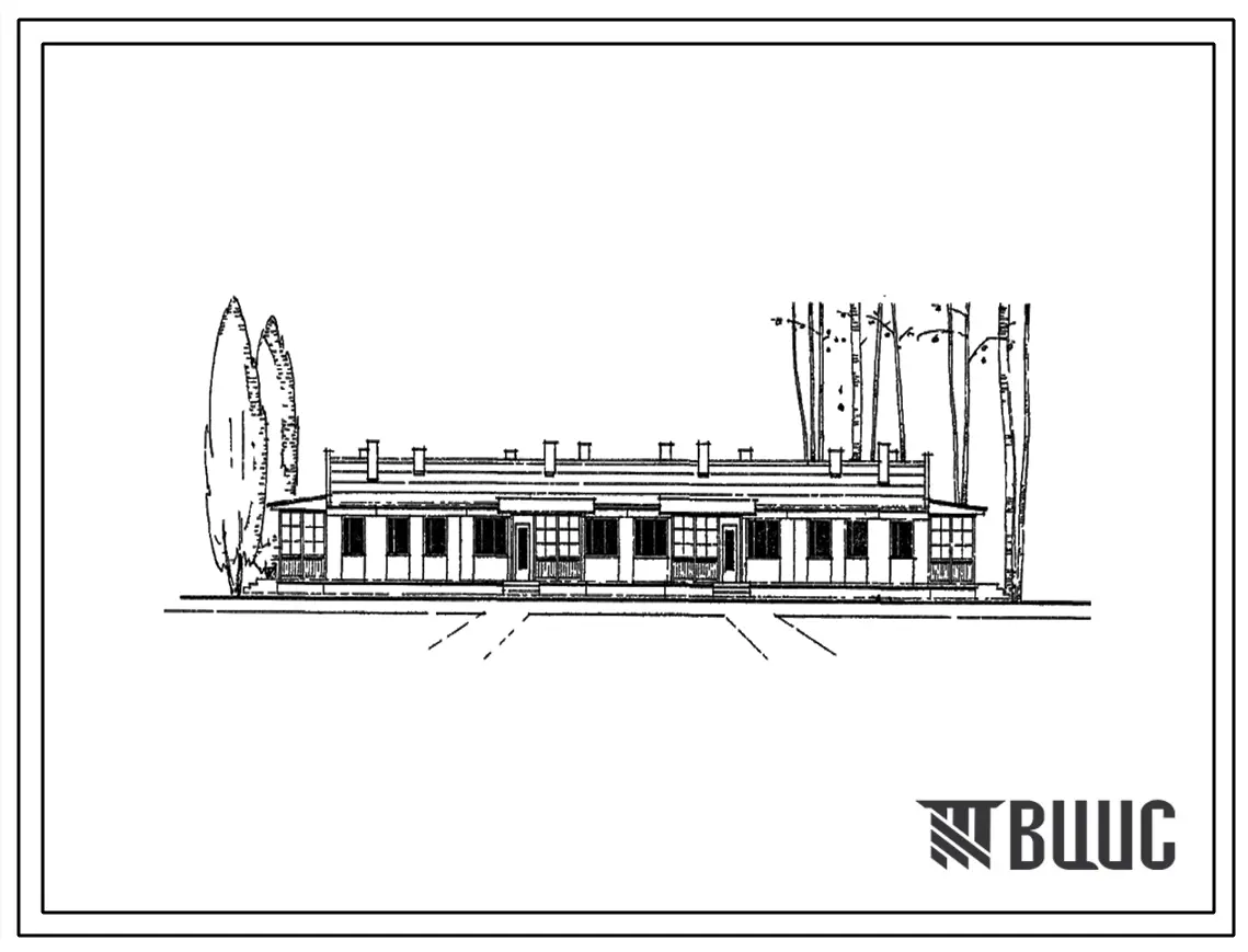 Типовой проект 1-50А-8 Одноэтажный четырехквартирный дом на 2 двухкомнатные и 2 трехкомнатные квартиры, с упрощенным благоустройством. (Стены из арболитовых блоков)