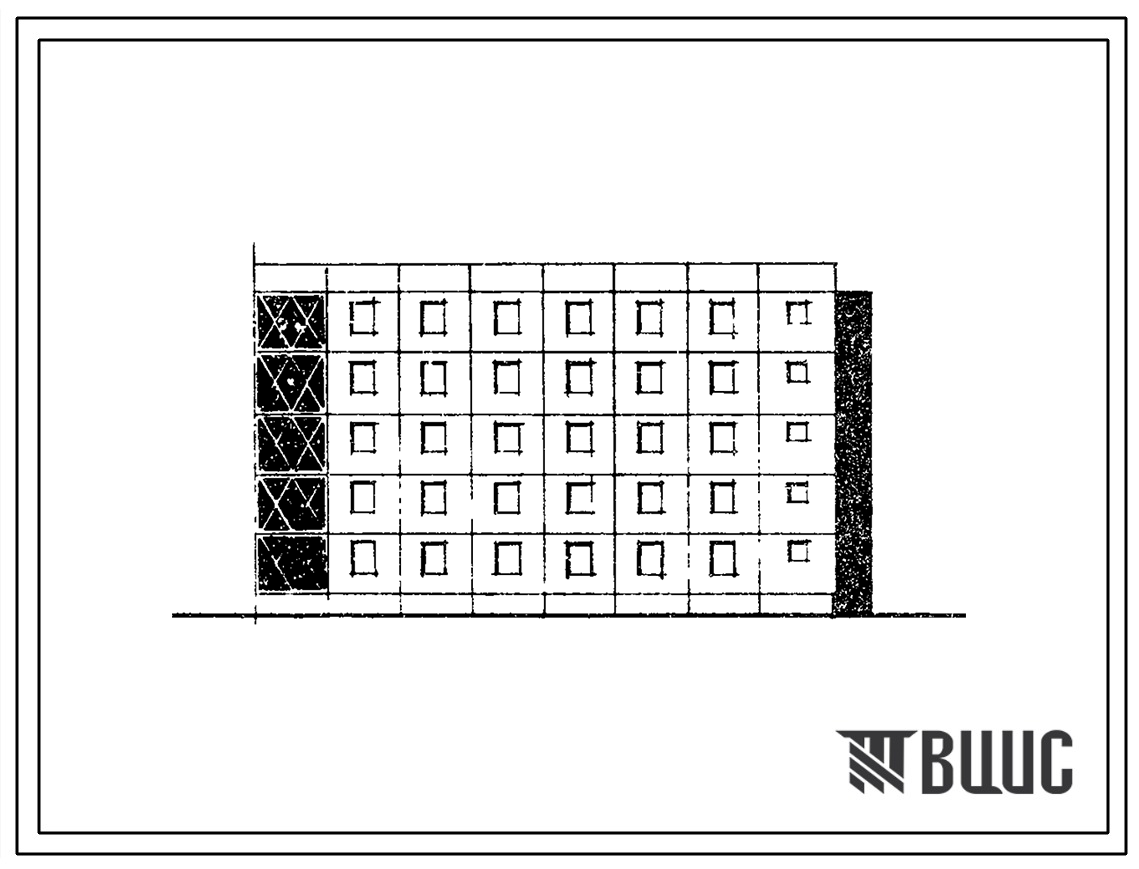 Типовой проект 105-027с Пятиэтажная блок-секция торцевая правая на 25 квартир (однокомнатных 1Б-10, двухкомнатных 2Б-10, трехкомнатных 3Б-5). Вариант с шагом поперечных стен 3,6 м. Для строительства в районах сейсмичностью 8 и 9 баллов в 3 климатическом р