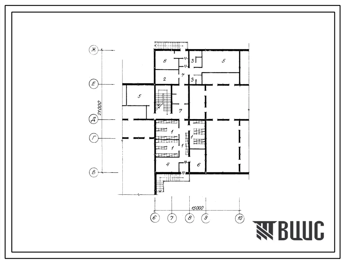Типовой проект П-4-85(251-4-57.13.87) Помещения подвала поликлиники на 250 посещений в смену (в конструкциях серии 1.090.1-1), (убежище на 85 человек, размеры убежища 21м на 15м, режимы вентиляции 1,2).