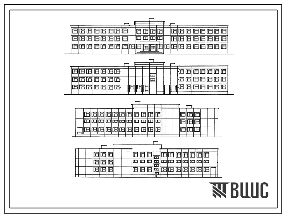 Типовой проект 221-1-438.85 Школа на 22 классов (834-864 учащихся). Здание трехэтажное. Конструкции серии 1.090.1-1. Стены из однослойных керамзитобетонных панелей.